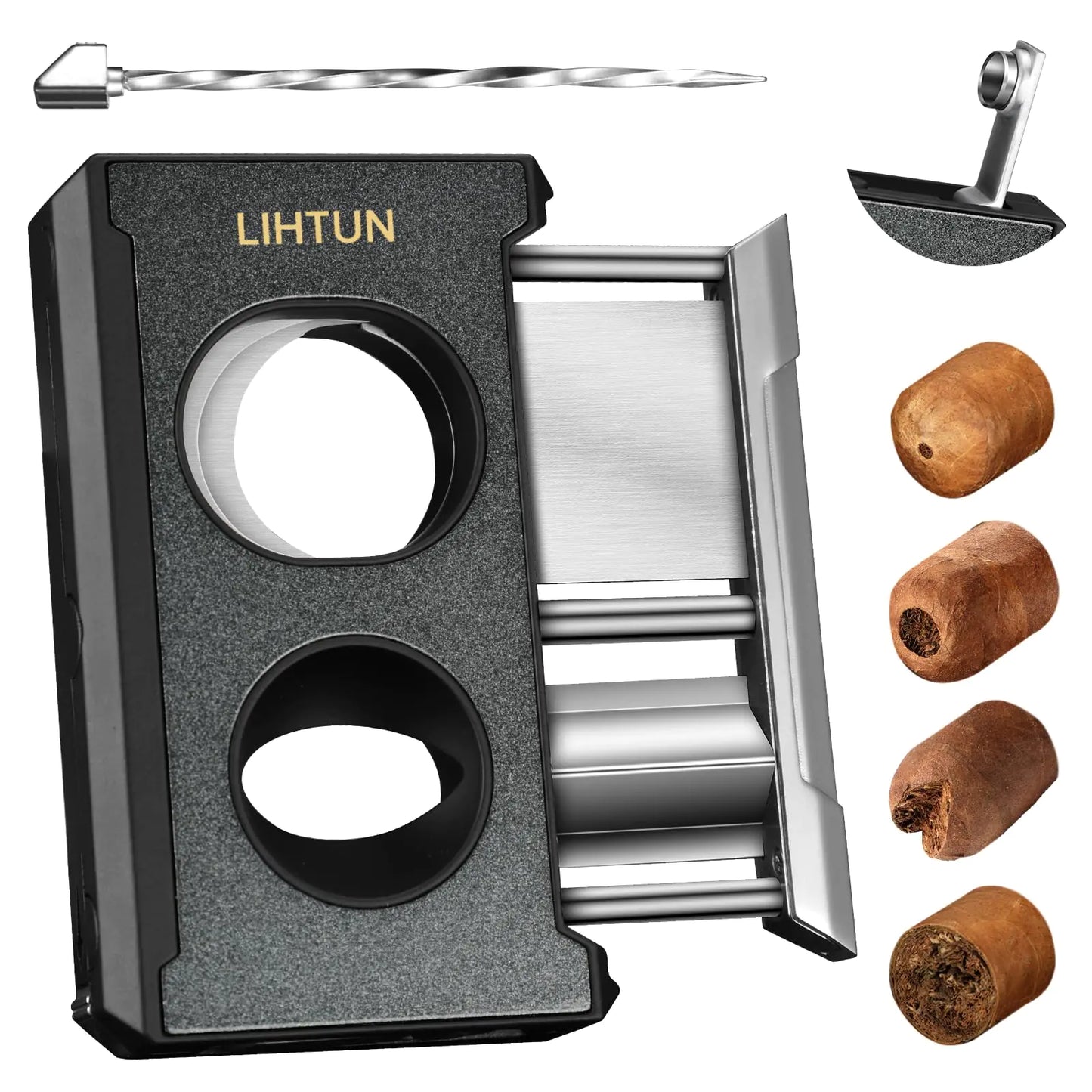 LIHTUN Cigar Cutter Guillotine 4 in 1 One Touch Straight Cut V Cutter with Cigar Punch Cigar Draw Enhancer Stainless Steel Double Blade Cigar Clippers Cuts Up to 60 Ring Gauge Cigars Gift for Men