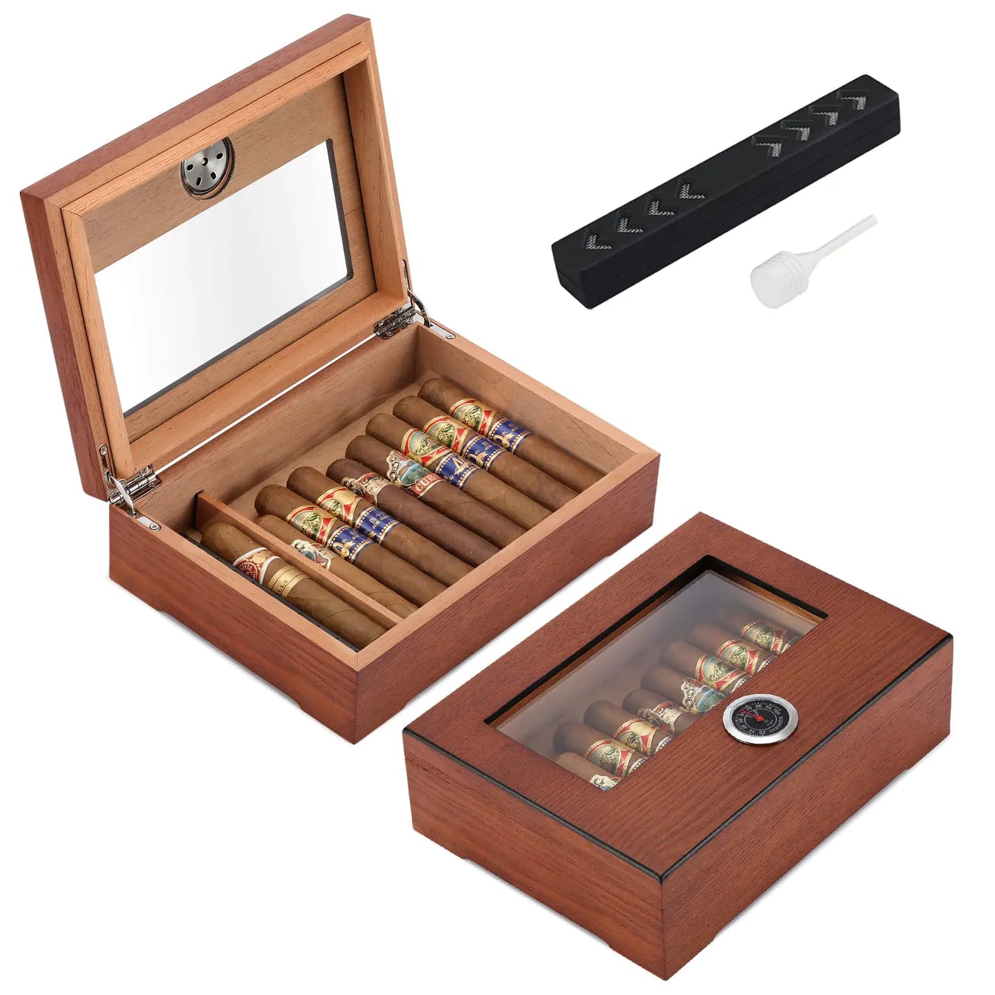 TISFA Cigar Humidor Glass Top Cigar Box with Hygrometer Humidifier and Divider Desktop Cedar Wood Storage Case Holds 20-30 Cigars