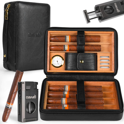 CUBARO Cigar Humidor Case Leather Cedar Wood Cigar Box with Built in Hygrometer and Humidifier 3 in 1 Cigar Torch Lighter V Cut and Punch Cutter Portable Cigar Travel Humidor Kit for Men (Black)