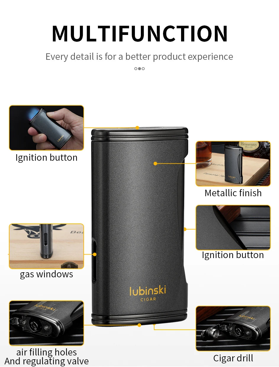 LUBINSKI Flat Flame Cigar Lighter Luxury Metal Butane Gas Torch Lighter High-end Design Cigar Accessories