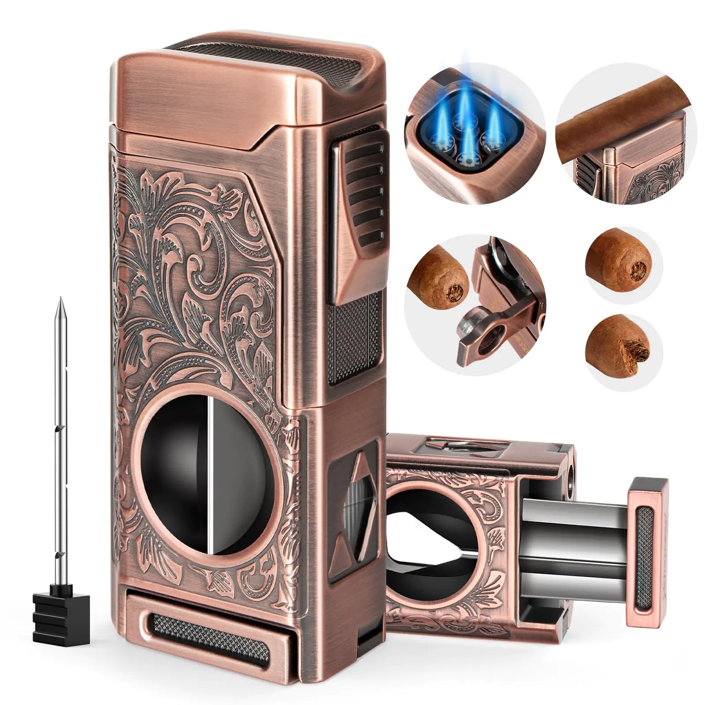Tesonway Cigar Torch Lighter 4 Jet Flame Cigar Lighter with Cigar Cutter V Cut Cigar Accessories Cigar Holder Cigar Punch Cigar Draw Enhancer Windproof Refillable Butane Lighter Cigar Gifts for Men