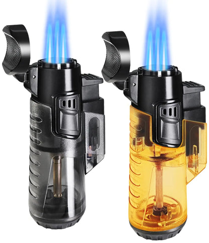 Urgrette Torch Lighter 2 Pack Butane Refillable Triple Jet Flame Torch Lighters Windproof Adjustable 3 Flame Butane Gas Lighter Pocket Lighter for Camping Grill Fireplace Camping (Without Fuel)