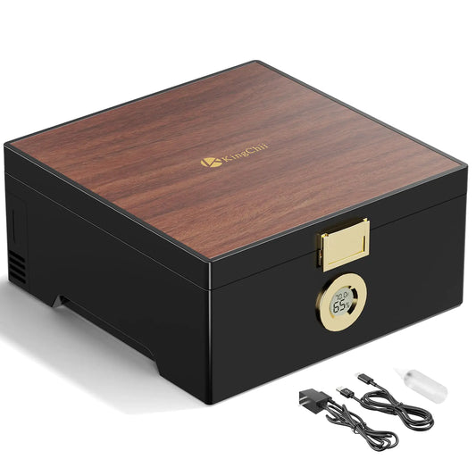 KingChii Electric Cigar Humidor Box with Semiconductor Chip Constant Temperature (64°F-74°F) & Humidity (65%-75%) with Spanish Cedar Wood Type C & Plug Cable Gifts for Men (25-50 Cigars)