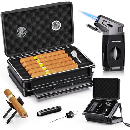 Travel Cigar Humidor Case Set Double-sided Design with Cigar Lighter Built-in V Cutter 2-in-1 Cigar Draw Enhancer/Punch Tool Cigar Holder Humidifier&Hygrometer Cigar Accessories Gift Kit for Men