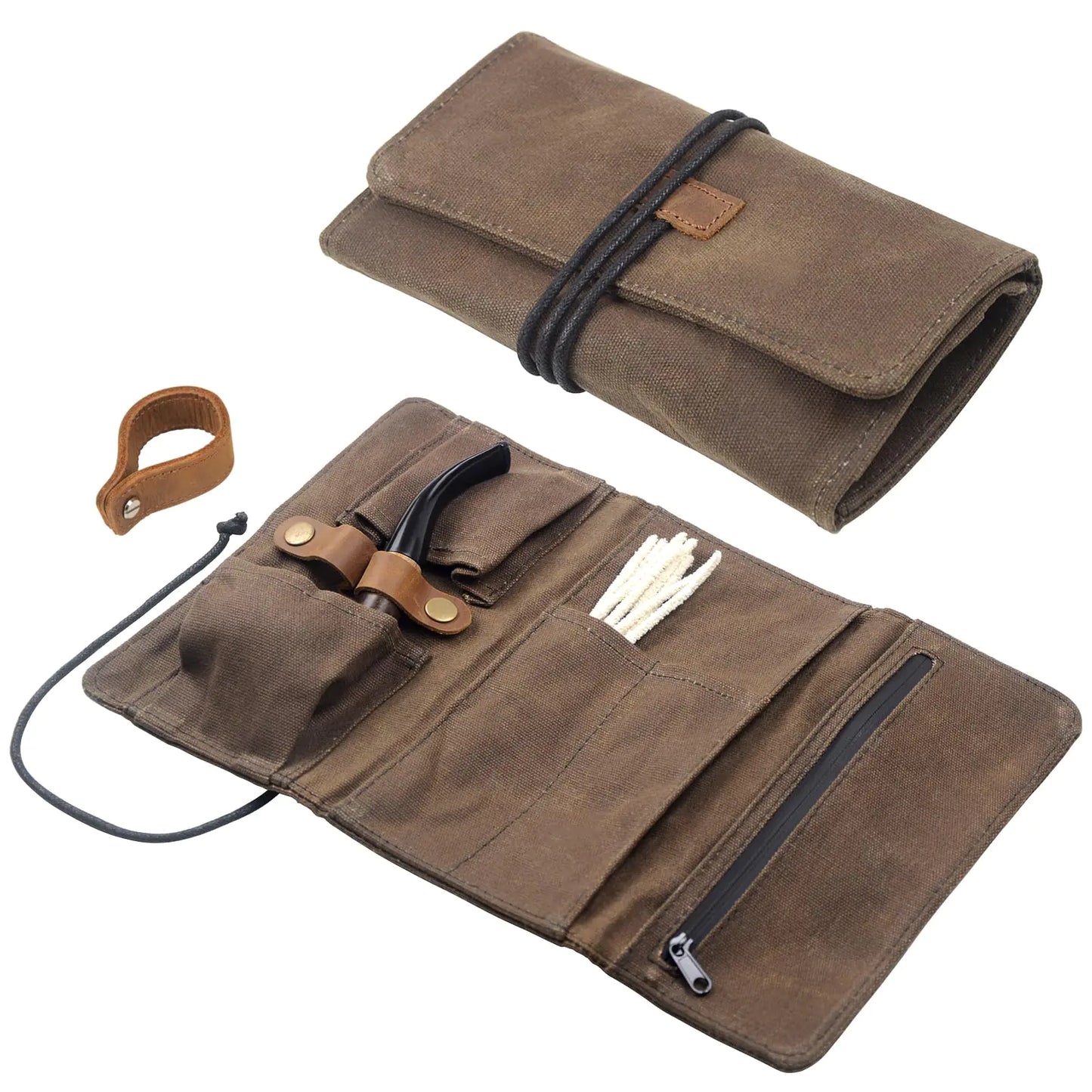 Tobacco Smoking Pipe Pouch Waxed Canvas Pipe RollTobacco Pipe Pouch Case BagHandmade Tobacco Pouch Smoking Pipe Storage Organizer with Tobacco Pipe Stand Filters Cleaning Tools(Not Include Pipes)