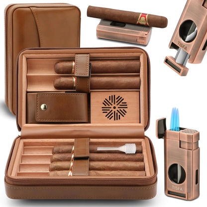 TISFA Cigar Humidor Leather Cedar Wood Cigar Case with Cigar Lighter V Cut Cigar Cutter Cigar Holder 3 in 1 Portable Travel Cigar Humidor Box with Humidifier (Brown)